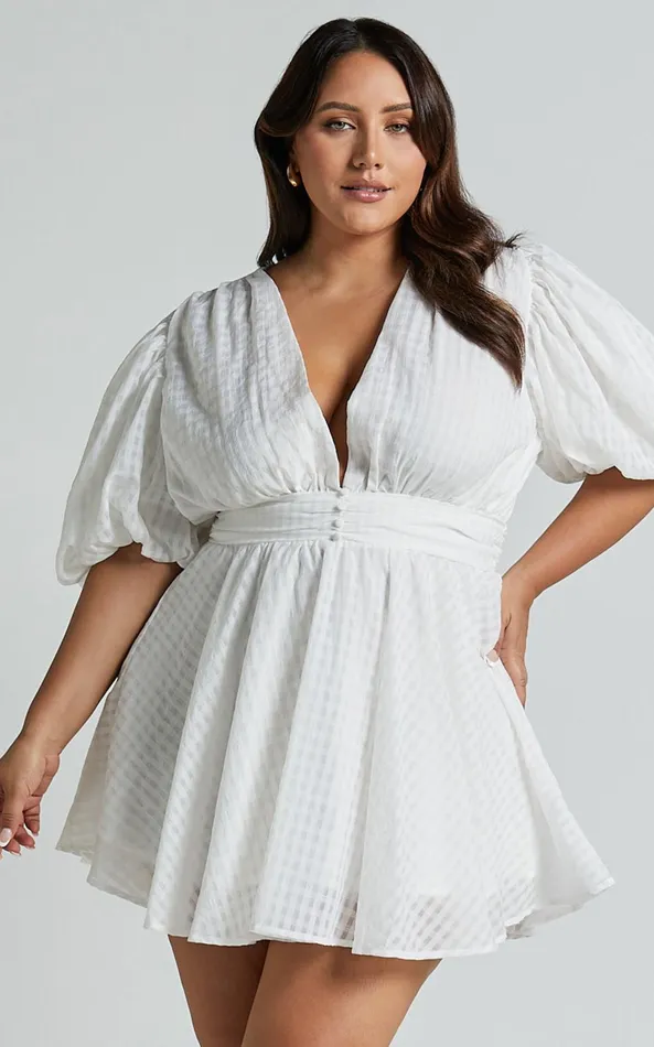 Showpo Xandy Mini Dress 8211 Textured Puff Sleeve Plunge Dress In White Women Curve Clothes