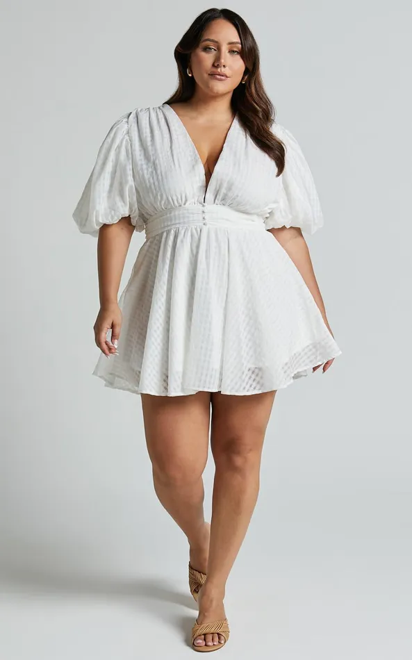 Showpo Xandy Mini Dress 8211 Textured Puff Sleeve Plunge Dress In White Women Curve Clothes