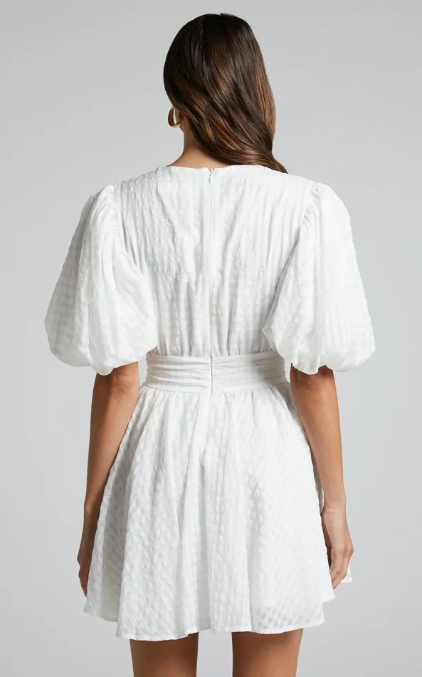 Showpo Xandy Mini Dress 8211 Textured Puff Sleeve Plunge Dress In White Women Curve Clothes