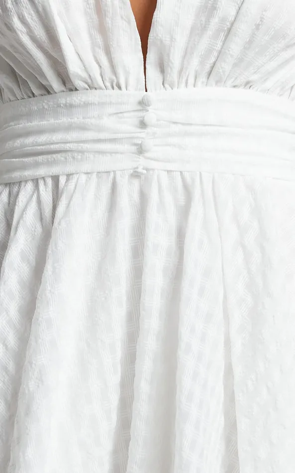 Showpo Xandy Mini Dress 8211 Textured Puff Sleeve Plunge Dress In White Women Curve Clothes