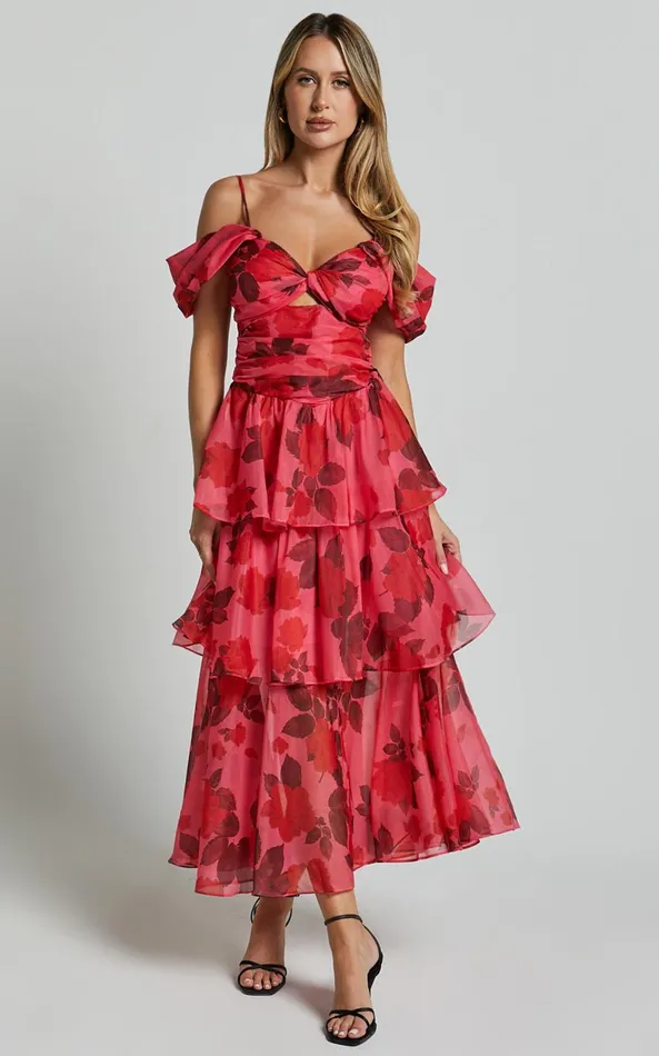Showpo Xena Midi Dress 8211 Off The Shoulder Cut Out Front Layered Dress In Pink Print Women Dresses Showpo Xena Midi Dress 8211 Off The Shoulder Cut Out Front Layered Dress In Pink Print Women Dresses