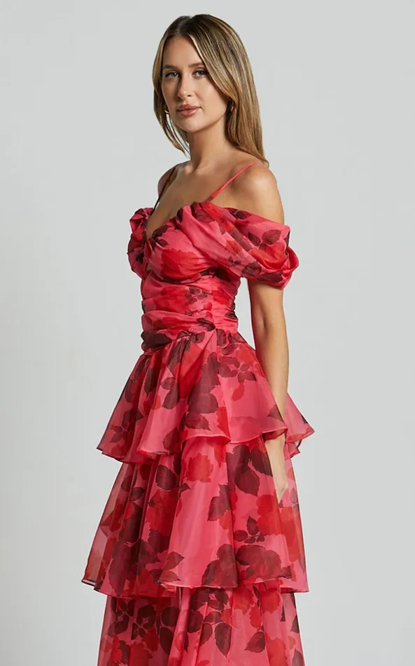 Showpo Xena Midi Dress 8211 Off The Shoulder Cut Out Front Layered Dress In Pink Print Women Dresses