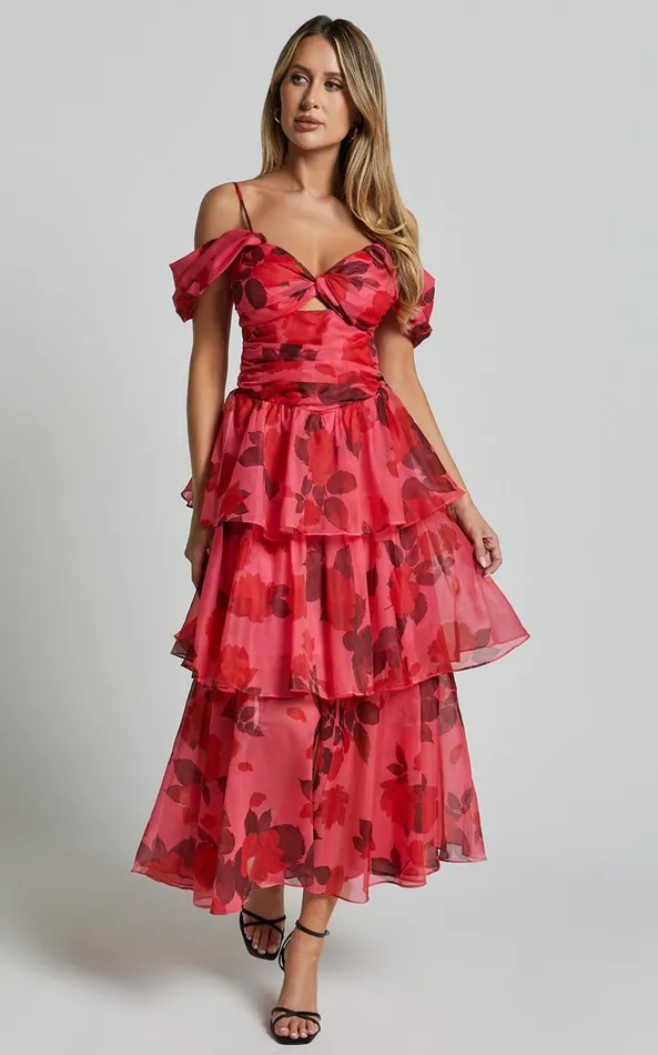 Showpo Xena Midi Dress 8211 Off The Shoulder Cut Out Front Layered Dress In Pink Print Women Dresses