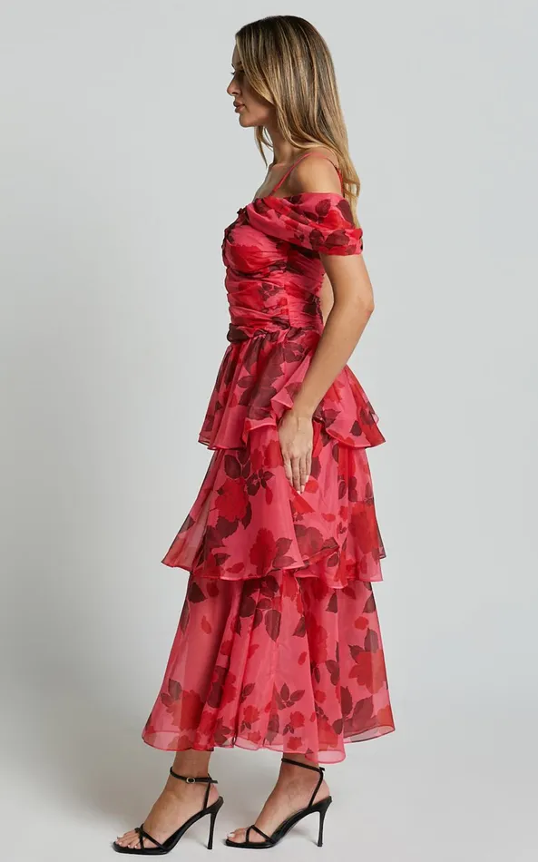 Showpo Xena Midi Dress 8211 Off The Shoulder Cut Out Front Layered Dress In Pink Print Women Dresses