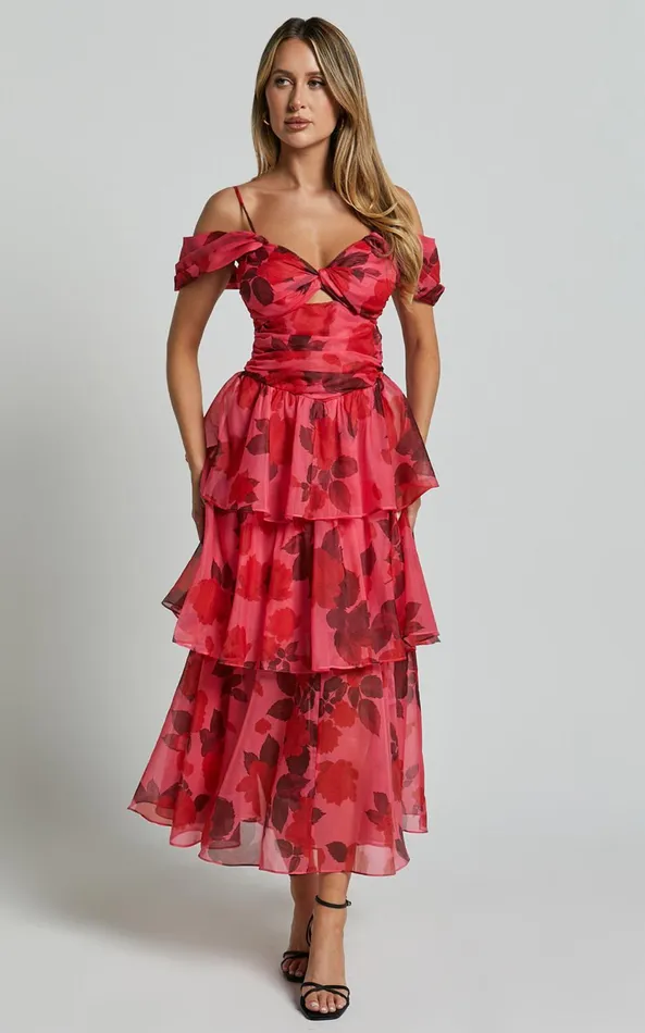Showpo Xena Midi Dress 8211 Off The Shoulder Cut Out Front Layered Dress In Pink Print Women Dresses