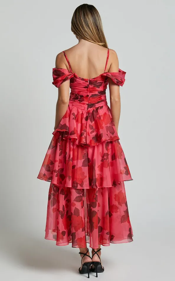 Showpo Xena Midi Dress 8211 Off The Shoulder Cut Out Front Layered Dress In Pink Print Women Dresses