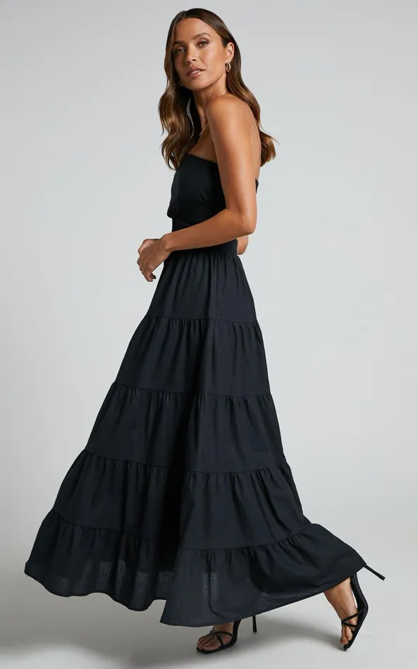 Showpo Xiomara Maxi Dress 8211 Strapless Cut Out Tiered Dress In Black Women Dresses