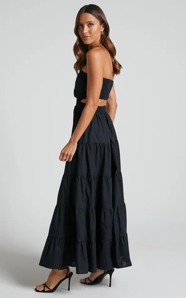 Showpo Xiomara Maxi Dress 8211 Strapless Cut Out Tiered Dress In Black Women Dresses