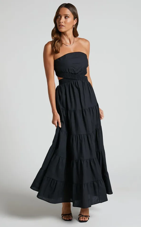 Showpo Xiomara Maxi Dress 8211 Strapless Cut Out Tiered Dress In Black Women Dresses
