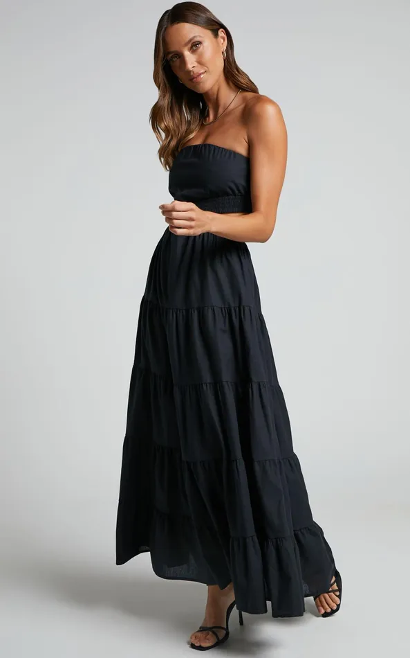Showpo Xiomara Maxi Dress 8211 Strapless Cut Out Tiered Dress In Black Women Dresses