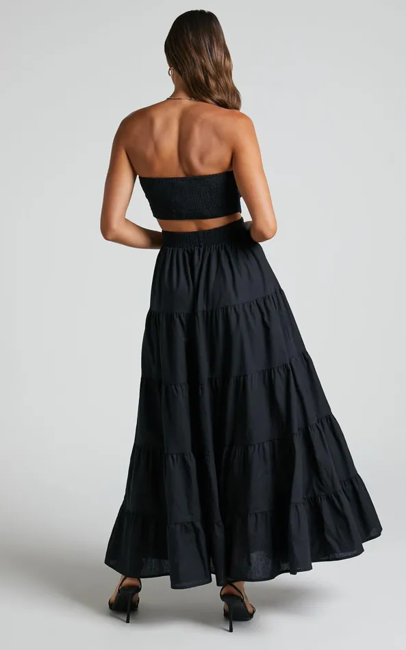 Showpo Xiomara Maxi Dress 8211 Strapless Cut Out Tiered Dress In Black Women Dresses