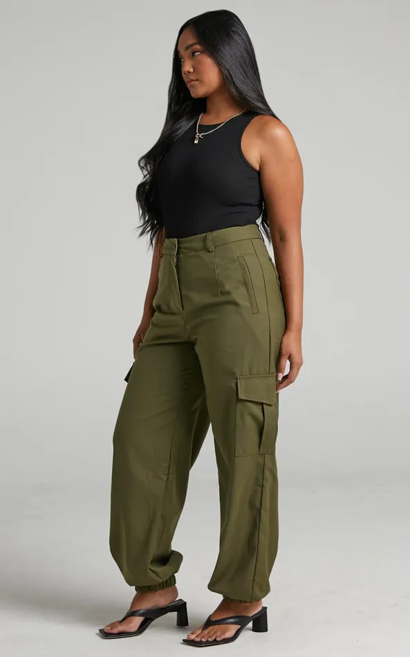 Showpo Xyriel 8211 High Waisted Utility Style Cargo Pants In Khaki Women Pants