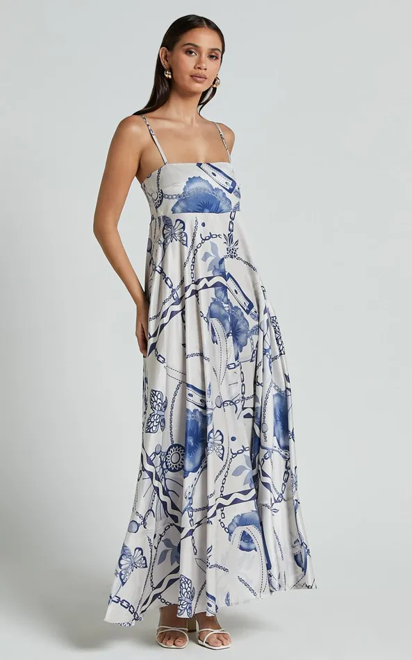 Showpo Yasmine Midi Dress 8211 Straight Neck Sleeveless A Line Dress In Blue And White Porcelain Print Women Dresses