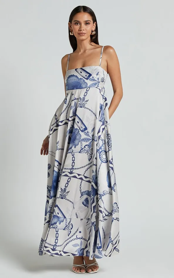 Showpo Yasmine Midi Dress 8211 Straight Neck Sleeveless A Line Dress In Blue And White Porcelain Print Women Dresses