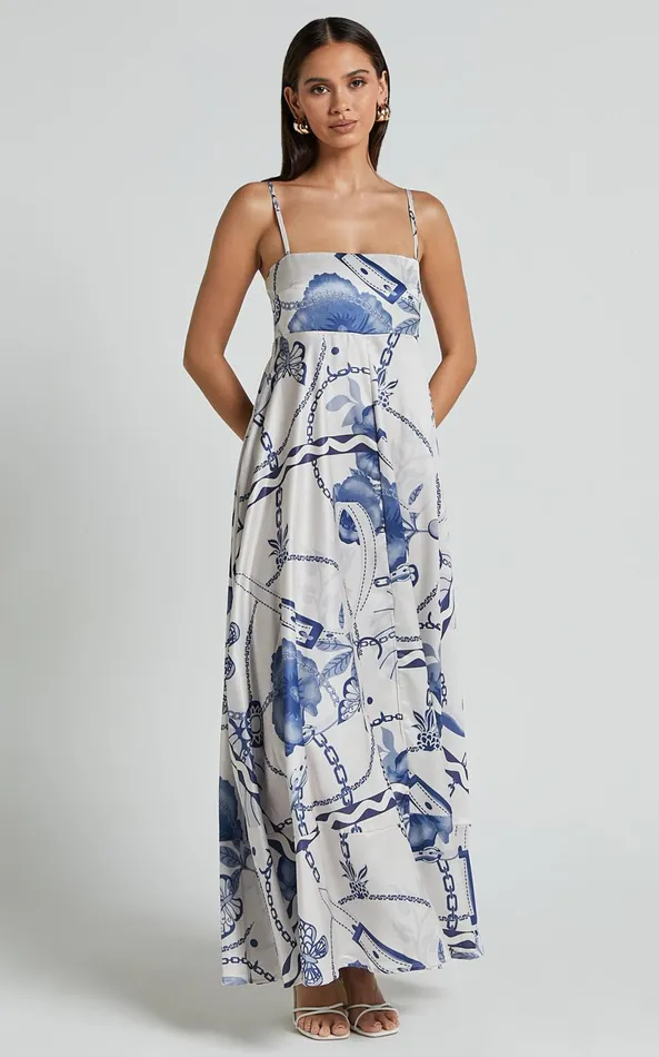 Showpo Yasmine Midi Dress 8211 Straight Neck Sleeveless A Line Dress In Blue And White Porcelain Print Women Dresses