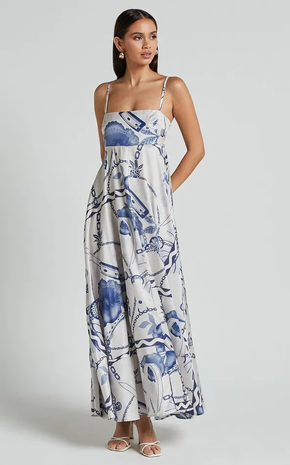 Showpo Yasmine Midi Dress 8211 Straight Neck Sleeveless A Line Dress In Blue And White Porcelain Print Women Dresses