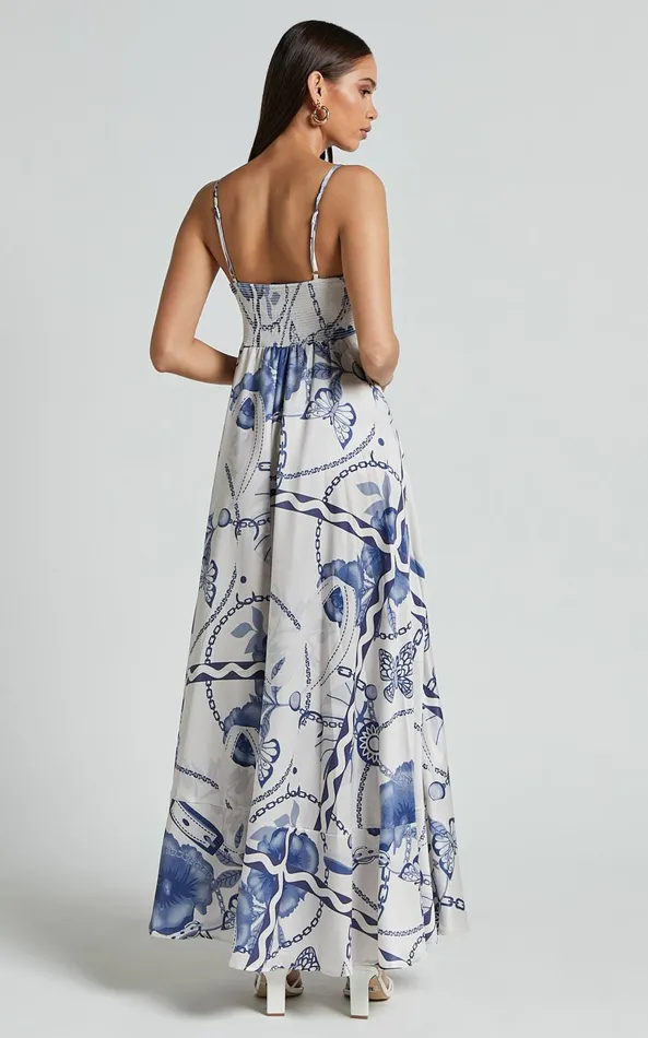 Showpo Yasmine Midi Dress 8211 Straight Neck Sleeveless A Line Dress In Blue And White Porcelain Print Women Dresses
