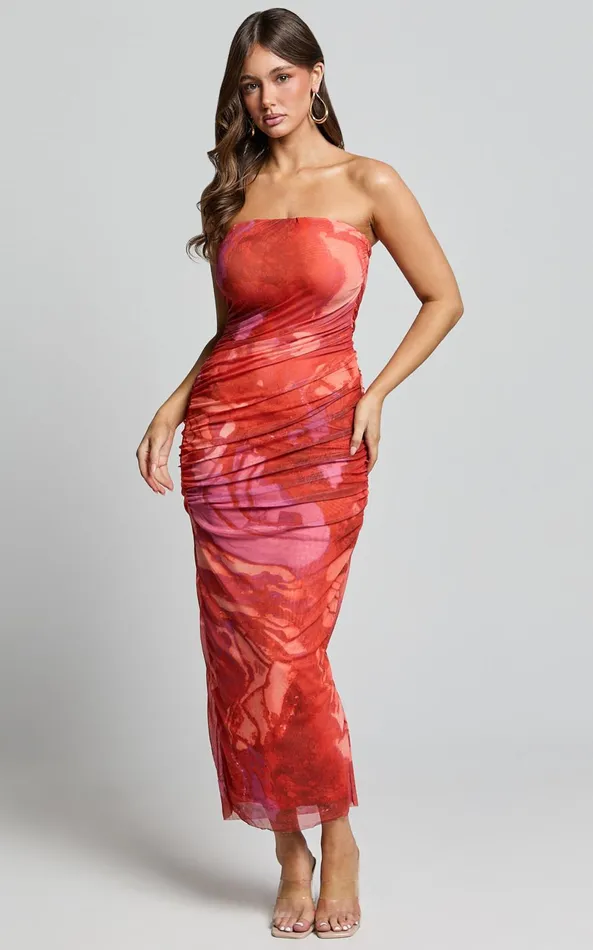 Showpo Yazmin Midi Dress 8211 Strapless Ruched Mesh Slip Dress In Pink Blur Print Women Dresses Showpo Yazmin Midi Dress 8211 Strapless Ruched Mesh Slip Dress In Pink Blur Print Women Dresses