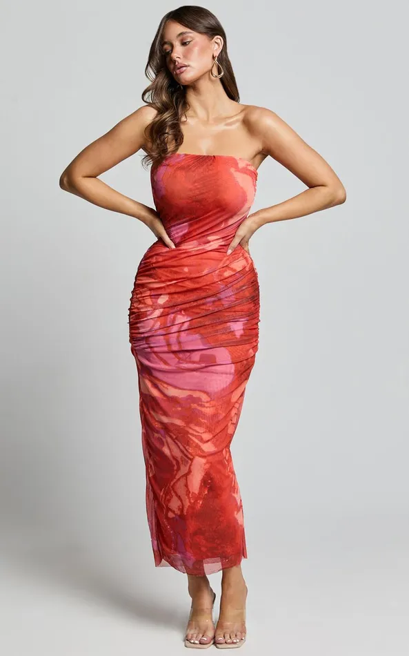 Showpo Yazmin Midi Dress 8211 Strapless Ruched Mesh Slip Dress In Pink Blur Print Women Dresses