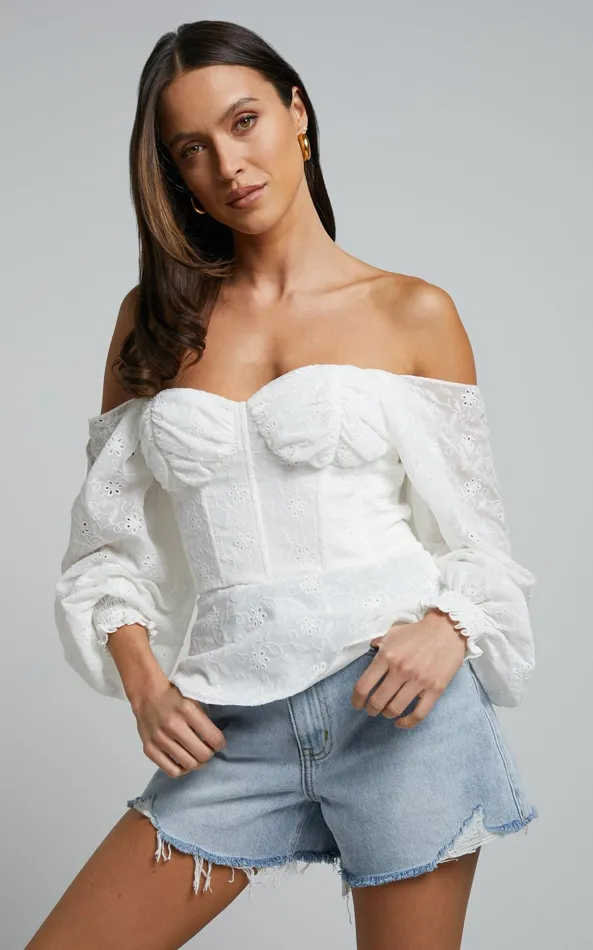 Showpo Ybur Top 8211 Off Shoulder Long Sleeve Bustier Top In Ivory Women Tops