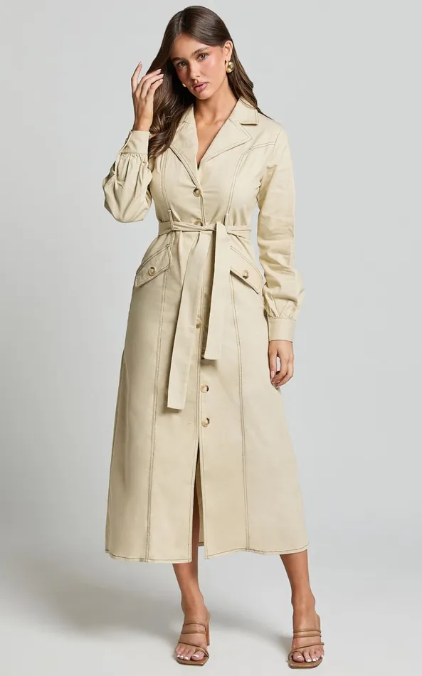Showpo Yelena Midi Dress 8211 Button Up Collared Belted Long Sleeve Dress In Natural Women Dresses Showpo Yelena Midi Dress 8211 Button Up Collared Belted Long Sleeve Dress In Natural Women Dresses