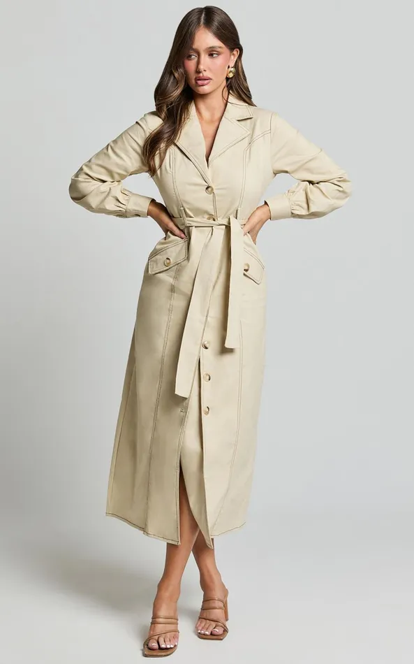 Showpo Yelena Midi Dress 8211 Button Up Collared Belted Long Sleeve Dress In Natural Women Dresses