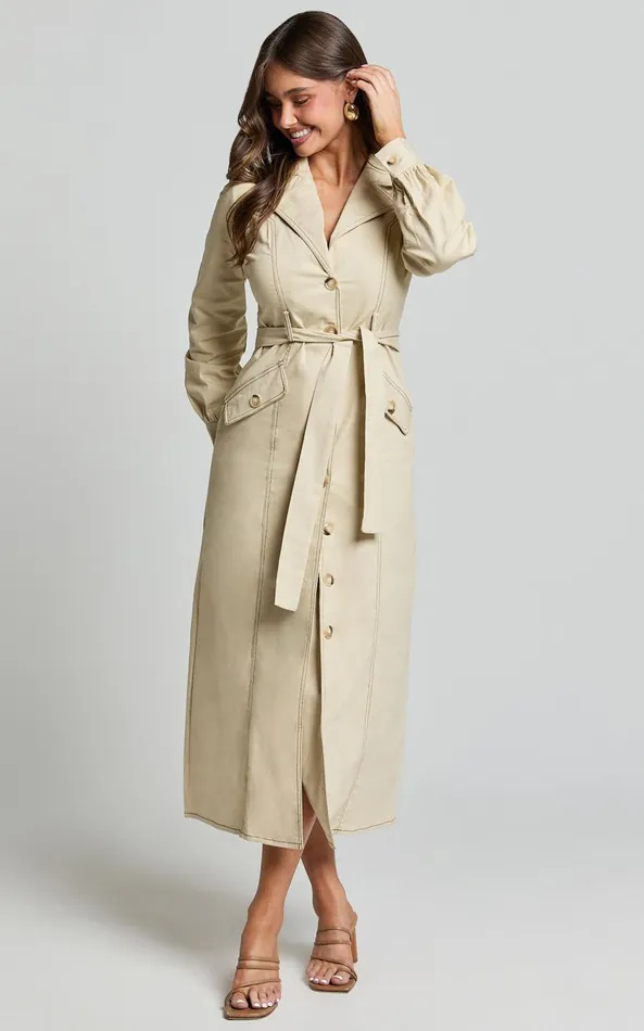 Showpo Yelena Midi Dress 8211 Button Up Collared Belted Long Sleeve Dress In Natural Women Dresses