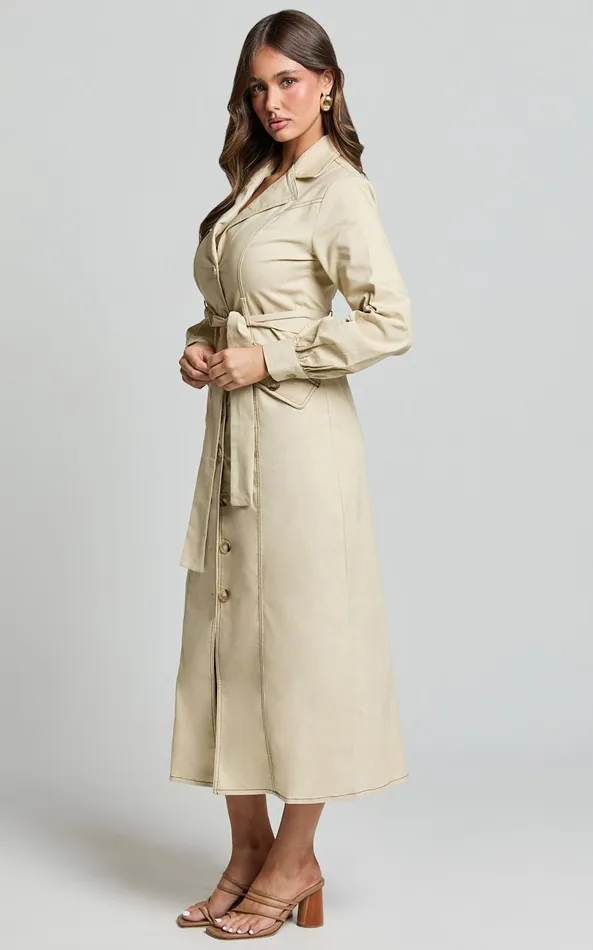 Showpo Yelena Midi Dress 8211 Button Up Collared Belted Long Sleeve Dress In Natural Women Dresses