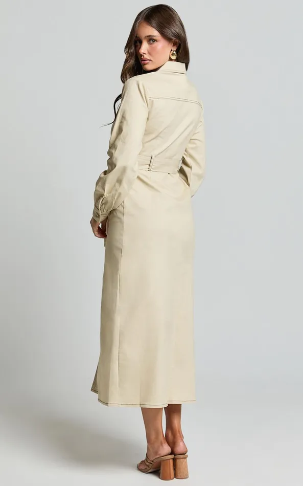 Showpo Yelena Midi Dress 8211 Button Up Collared Belted Long Sleeve Dress In Natural Women Dresses