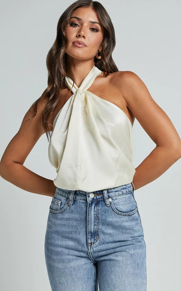 Showpo Yenvi Top 8211 Twist Halter Neck Top In Champagne Women Tops