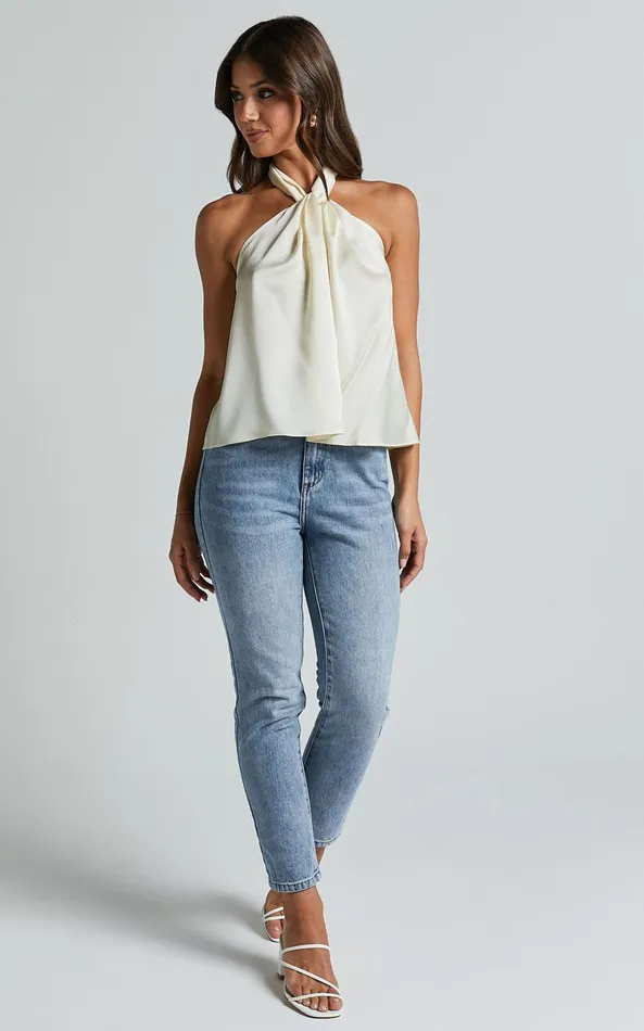 Showpo Yenvi Top 8211 Twist Halter Neck Top In Champagne Women Tops