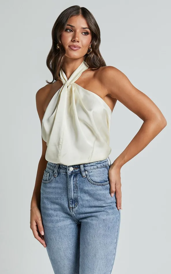 Showpo Yenvi Top 8211 Twist Halter Neck Top In Champagne Women Tops