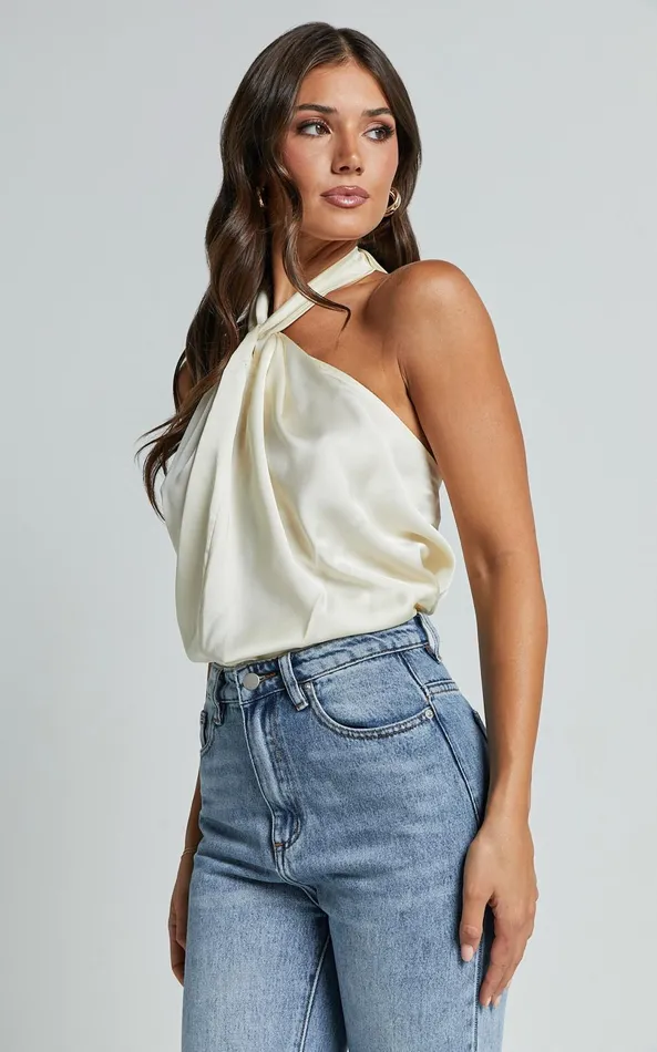Showpo Yenvi Top 8211 Twist Halter Neck Top In Champagne Women Tops