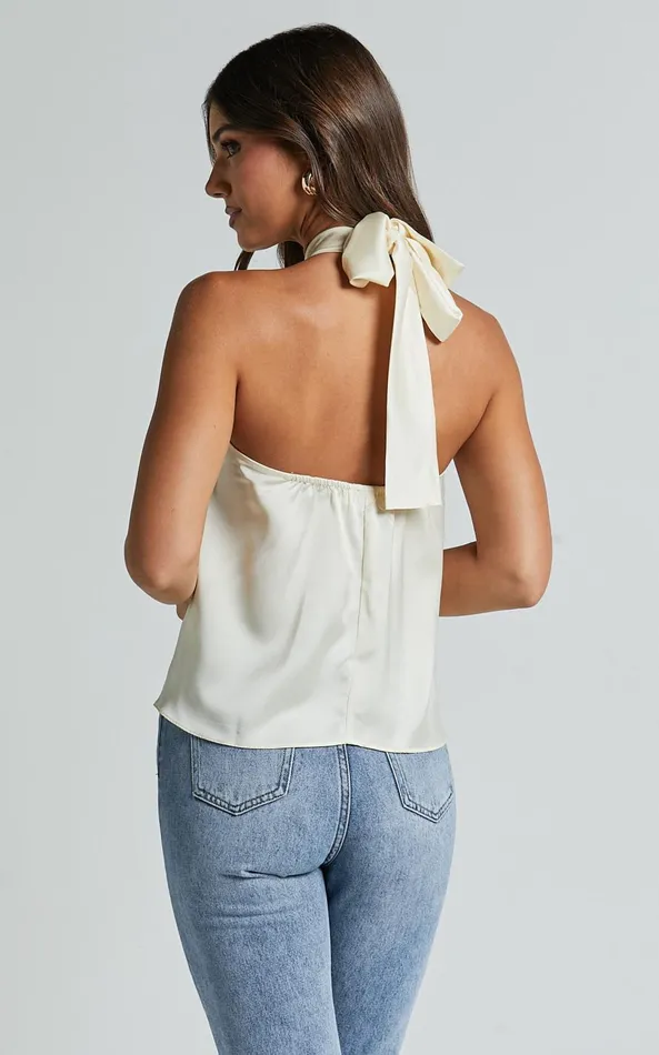 Showpo Yenvi Top 8211 Twist Halter Neck Top In Champagne Women Tops