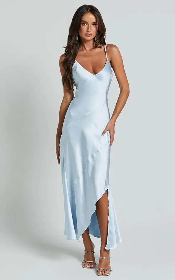 Showpo Ylona Maxi Dress 8211 Asymmetric Draped Bias Cut Satin Slip Dress In Ice Blue Women Dresses Showpo Ylona Maxi Dress 8211 Asymmetric Draped Bias Cut Satin Slip Dress In Ice Blue Women Dresses