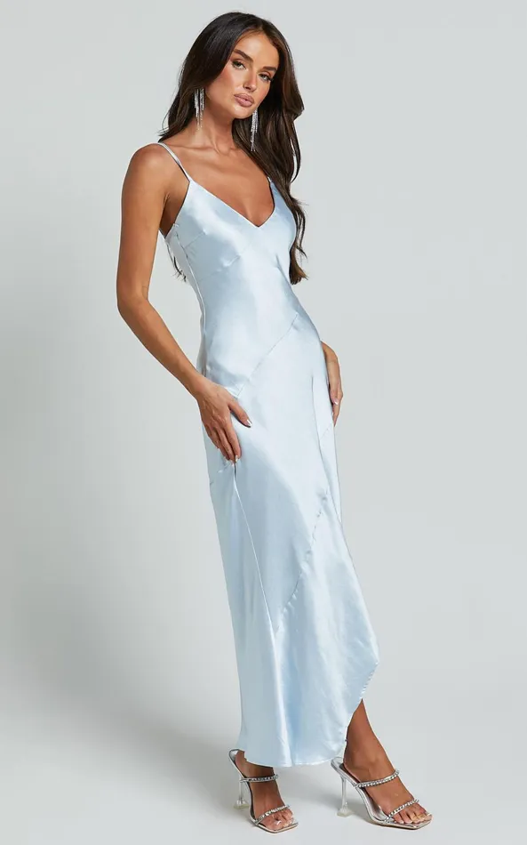 Showpo Ylona Maxi Dress 8211 Asymmetric Draped Bias Cut Satin Slip Dress In Ice Blue Women Dresses