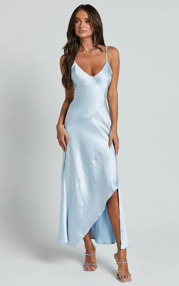 Showpo Ylona Maxi Dress 8211 Asymmetric Draped Bias Cut Satin Slip Dress In Ice Blue Women Dresses
