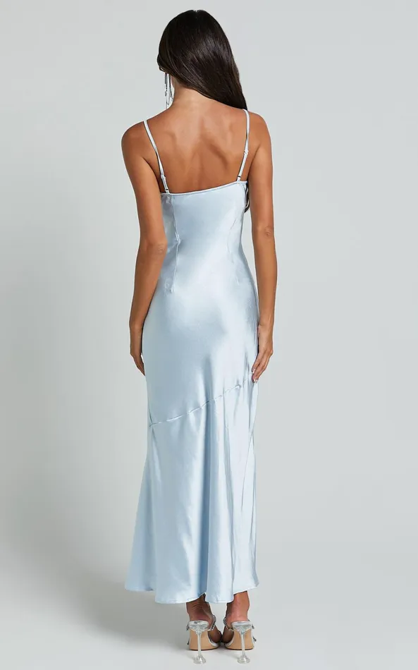 Showpo Ylona Maxi Dress 8211 Asymmetric Draped Bias Cut Satin Slip Dress In Ice Blue Women Dresses