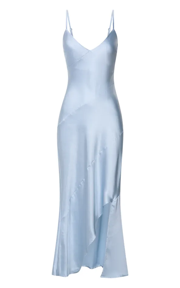 Showpo Ylona Maxi Dress 8211 Asymmetric Draped Bias Cut Satin Slip Dress In Ice Blue Women Dresses