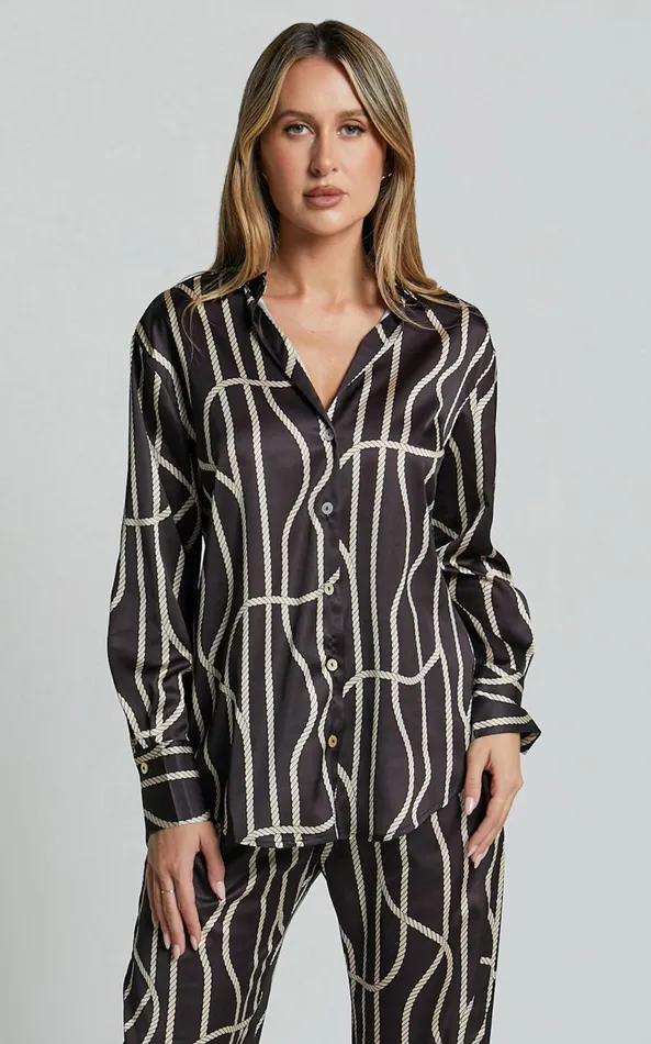 Showpo Yolanda Top 8211 Long Sleeve Button Through Relaxed Shirt In BlackGold Chain Print Women Tops Showpo Yolanda Top 8211 Long Sleeve Button Through Relaxed Shirt In BlackGold Chain Print Women Tops