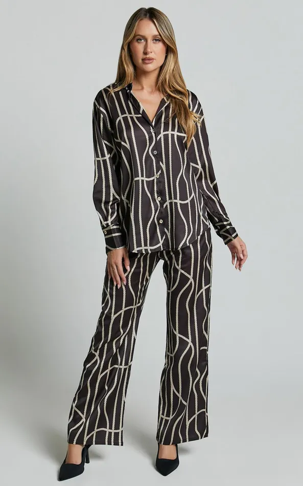 Showpo Yolanda Top 8211 Long Sleeve Button Through Relaxed Shirt In BlackGold Chain Print Women Tops