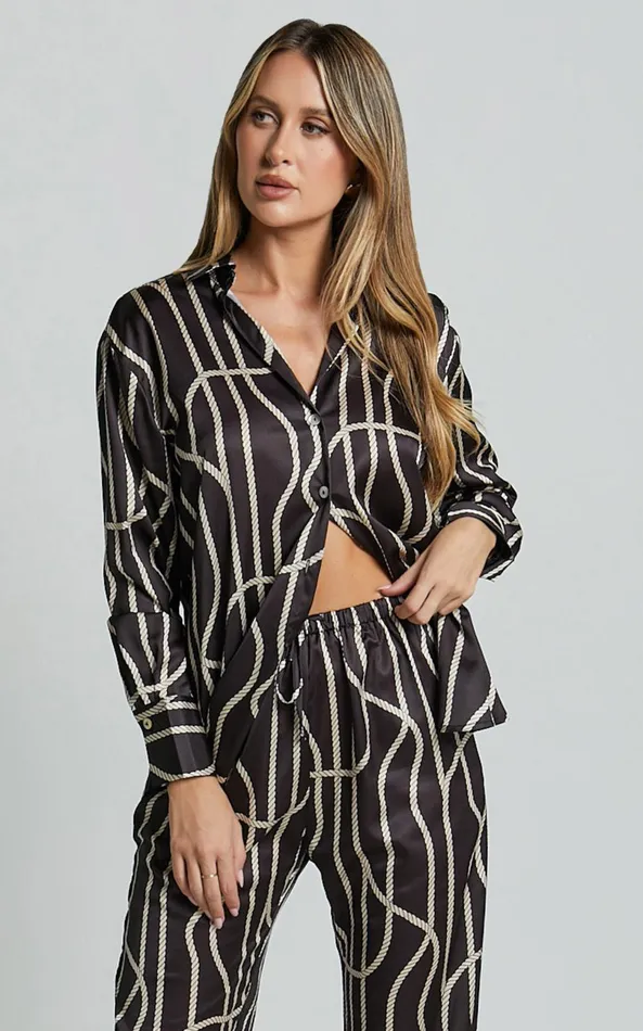 Showpo Yolanda Top 8211 Long Sleeve Button Through Relaxed Shirt In BlackGold Chain Print Women Tops