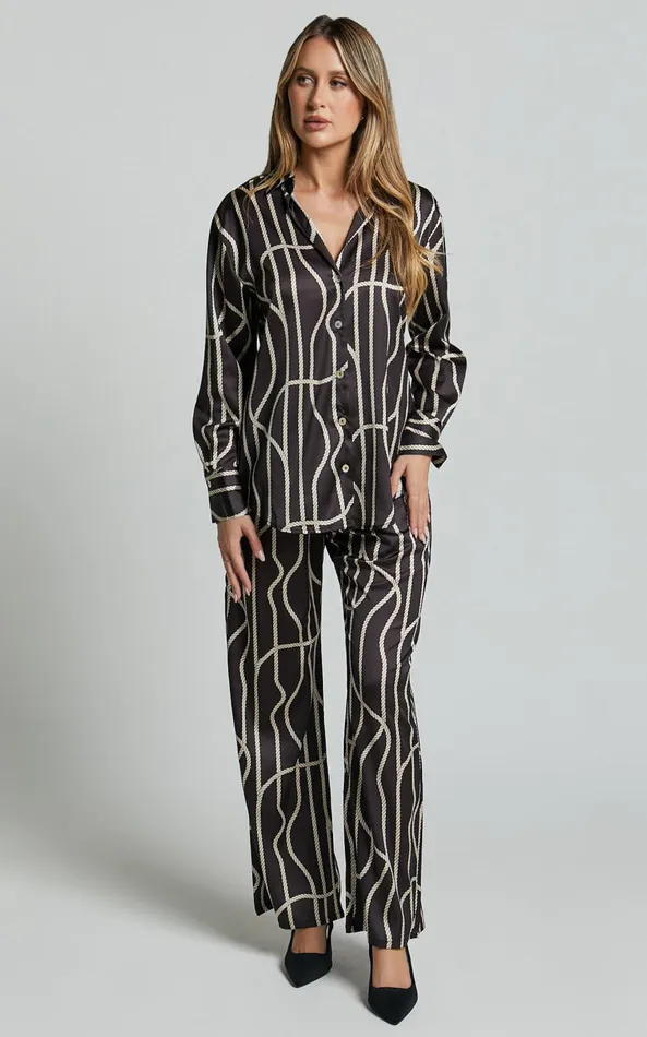 Showpo Yolanda Top 8211 Long Sleeve Button Through Relaxed Shirt In BlackGold Chain Print Women Tops