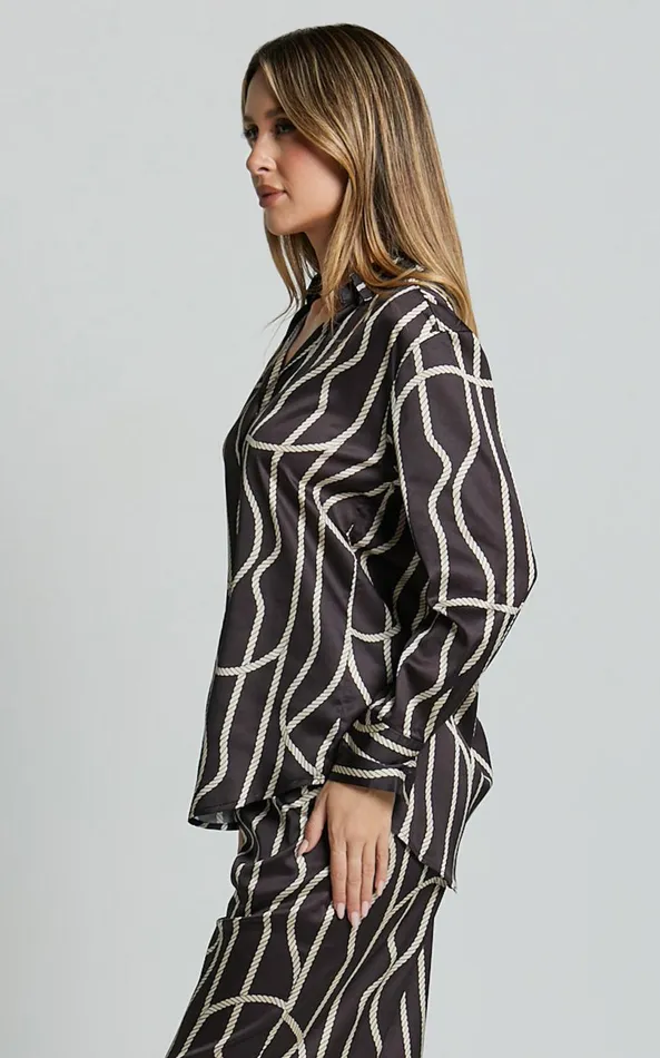 Showpo Yolanda Top 8211 Long Sleeve Button Through Relaxed Shirt In BlackGold Chain Print Women Tops