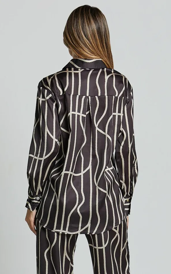 Showpo Yolanda Top 8211 Long Sleeve Button Through Relaxed Shirt In BlackGold Chain Print Women Tops