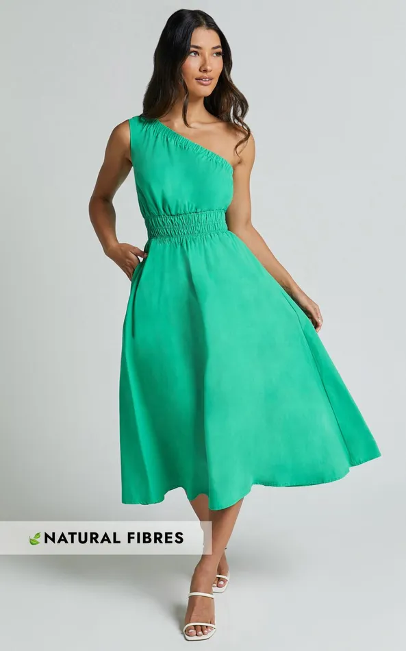Showpo Yulia Midi Dress 8211 One Shoulder Shirred Waist Dress In Green Women Dresses Showpo Yulia Midi Dress 8211 One Shoulder Shirred Waist Dress In Green Women Dresses