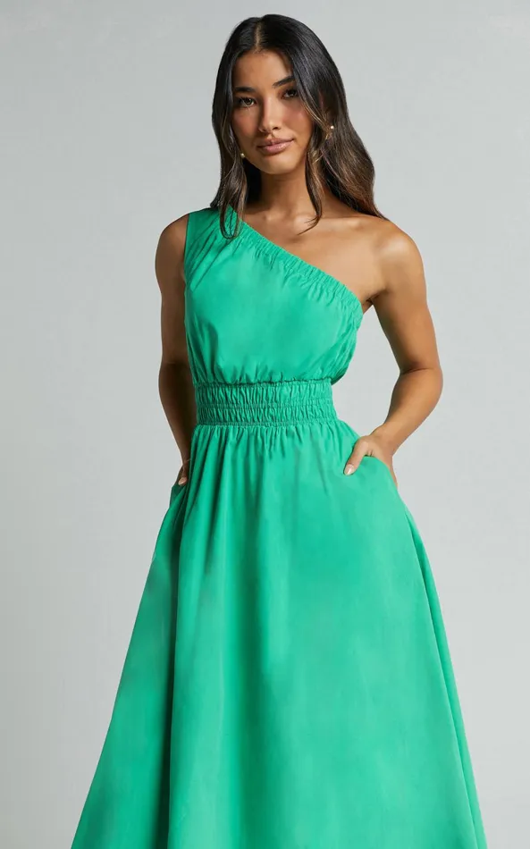 Showpo Yulia Midi Dress 8211 One Shoulder Shirred Waist Dress In Green Women Dresses