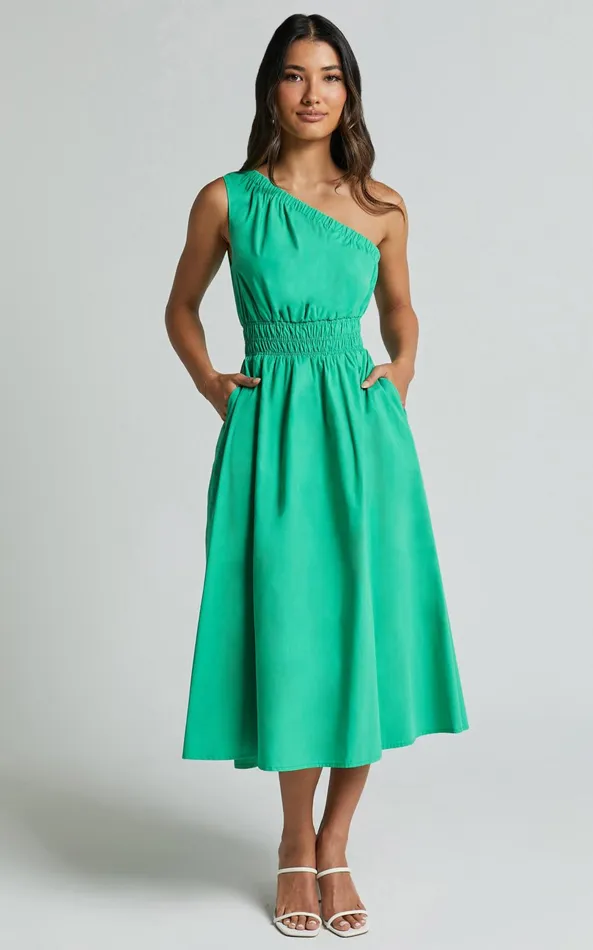 Showpo Yulia Midi Dress 8211 One Shoulder Shirred Waist Dress In Green Women Dresses