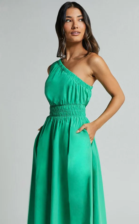 Showpo Yulia Midi Dress 8211 One Shoulder Shirred Waist Dress In Green Women Dresses