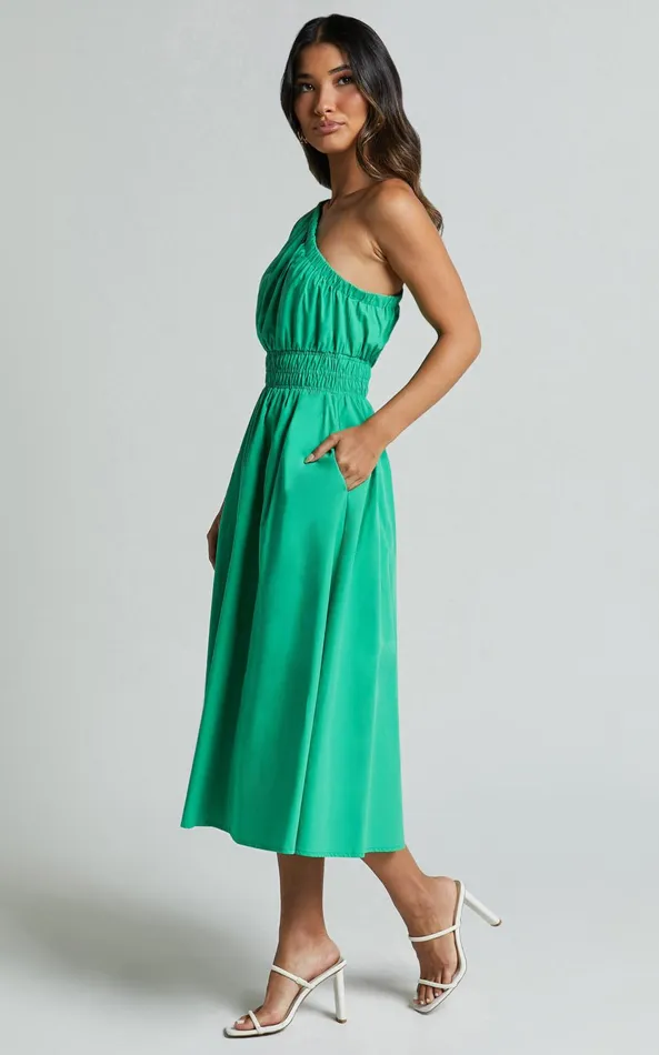 Showpo Yulia Midi Dress 8211 One Shoulder Shirred Waist Dress In Green Women Dresses